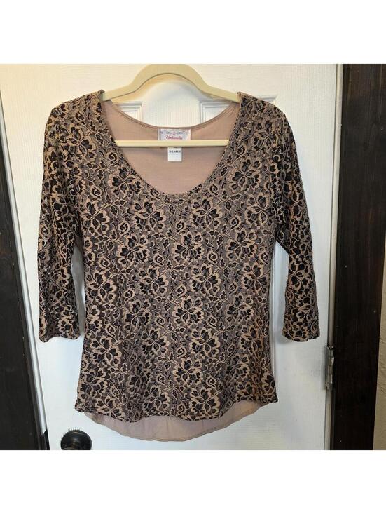 Panhandle Tops - Panhandle Women's X-Large Beige and Black Lace Patterned 3/4 Sleeve Top